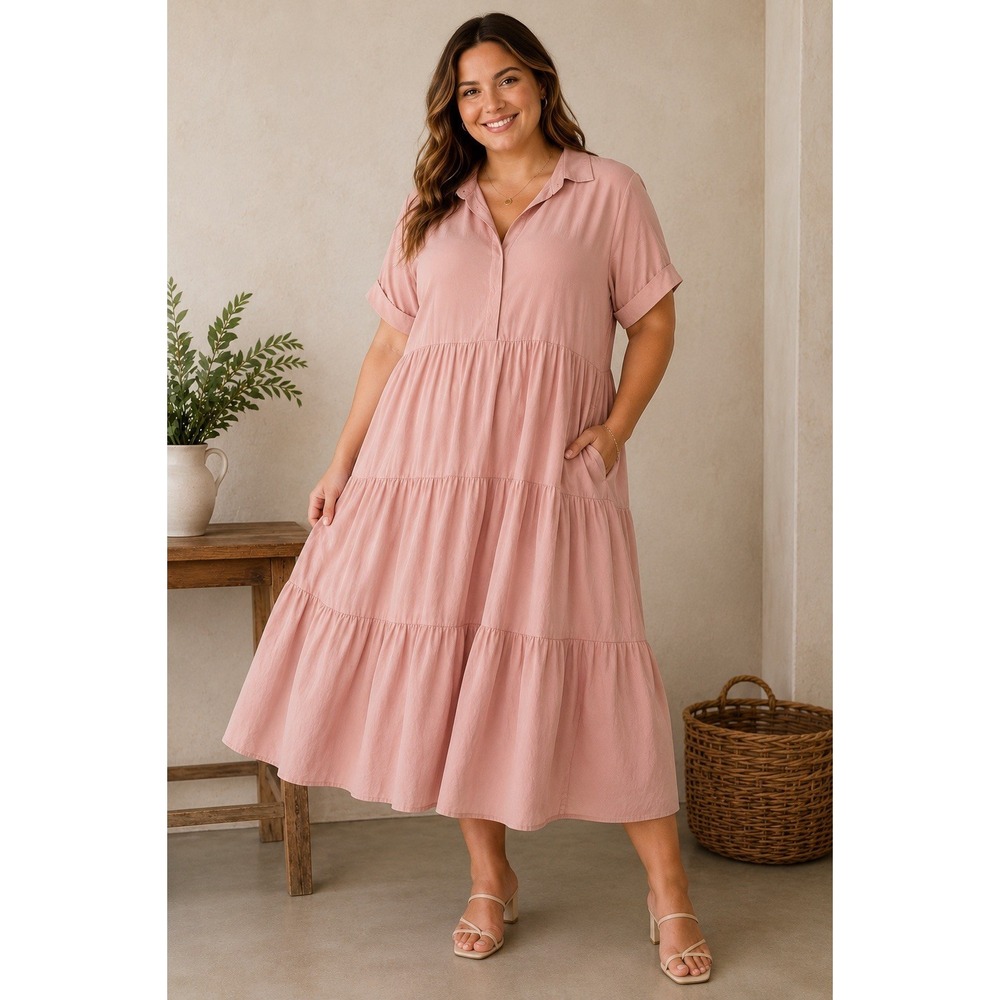Women's XL Blush Pink Tiered Midi Dress Short Sleeve Collared Boho Cottage